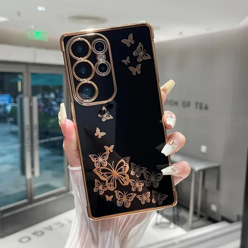 Vista 5 de ZTOFERA Funda de teléfono para Samsung Galaxy S23 Ultra 5G, elegante diseño de mariposa, para niñas y mujeres encantadoras, chapado suave, Negro