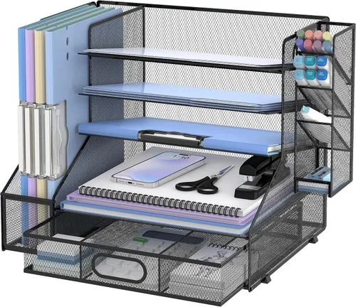 Vista 8 de SUPEASY Organizador de escritorio con soporte para archivos, organizador de bandeja de papel de malla de 5 niveles con soporte para bolígrafo y Azul