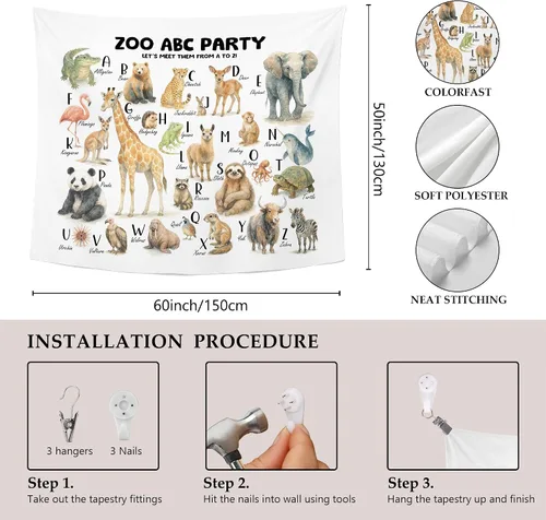Vista 7 de MNASAIOO Tapiz de pared para colgar en la pared del alfabeto de animales del zoológico para el aula, para dormitorio, cuarto de bebé, tapices
