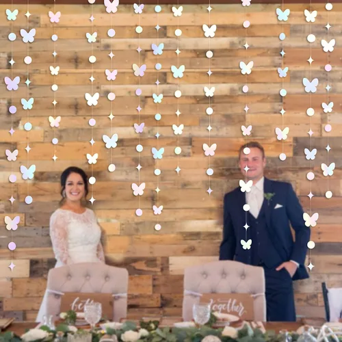 Vista 5 de Guirnalda de mariposas iridiscentes blancas de 40 pies, papel holográfico blanco para colgar, lunares, estrellas, mariposas, serpentina, pancarta