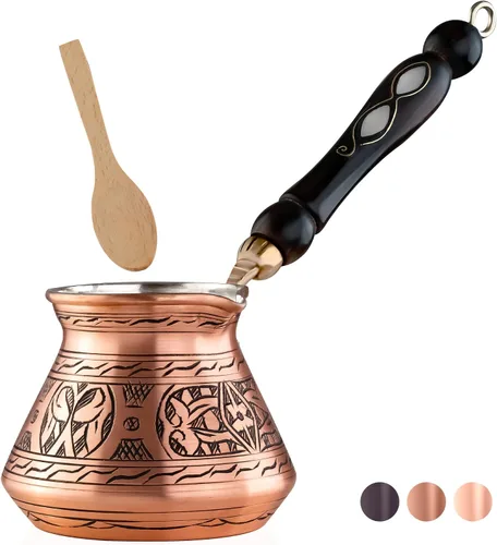 Vista 9 de BCS Cafetera turca griega árabe de cobre de 12 onzas con mango de madera (4 porciones) Cezve Ibrik Briki - Cafetera para estufa
