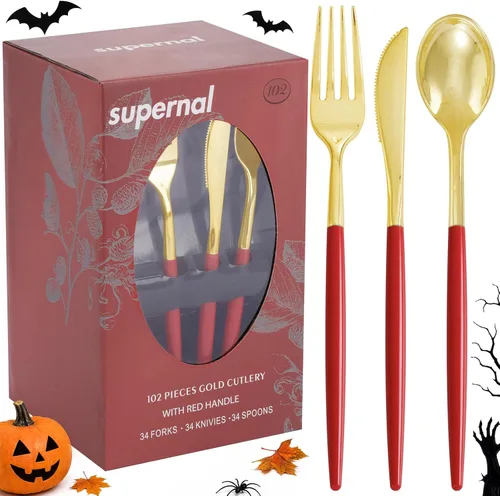 Vista 12 de Supernal 102 cubiertos de plástico dorados, cubiertos dorados con mango negro, colección de cubiertos desechables, incluye 34 tenedores de plástico