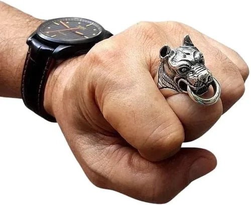 Vista 6 de Bikerringshop Anillo de cabeza de perro Pitbull de plata de ley