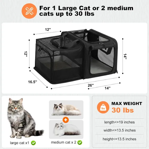 Vista 2 de pidipiti 20x14x14 Soft Side Expandible grande gato coche Travel Carrier Negro