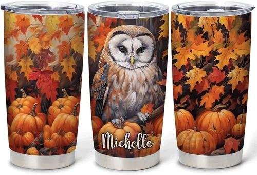 Vista 14 de Hyturtle Vaso personalizado para amantes de los búhos, vaso de café de acero inoxidable con nombre personalizado, 20 onzas con tapa, ideal como