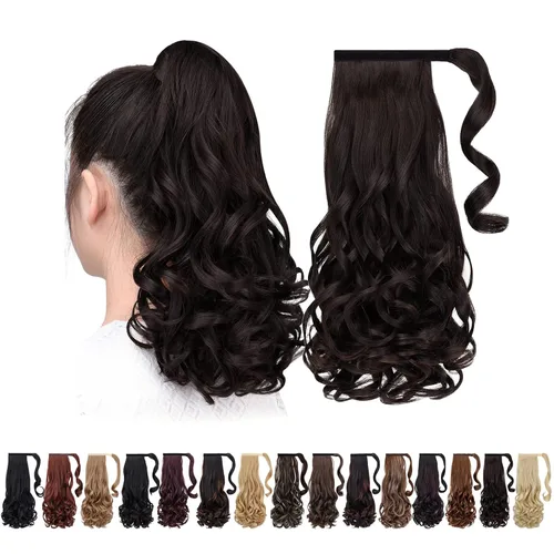 Vista 25 de Extensiones de cola de caballo negras, colas de caballo rizadas con clip, 22 pulgadas, 3.5 onzas, extensión de cabello sintético envolvente del pelo