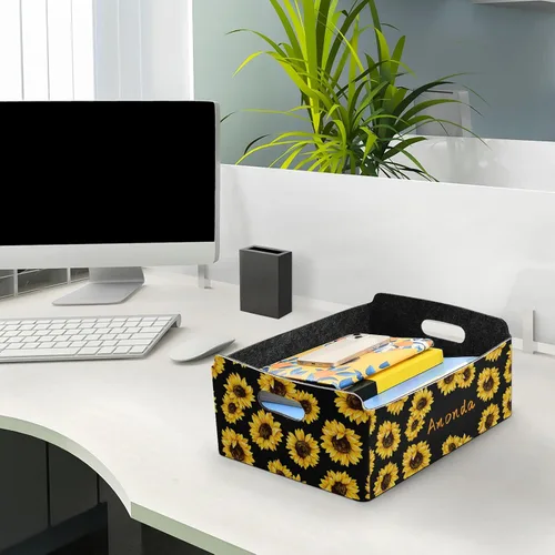 Vista 4 de CaTaKu Cesta de almacenamiento personalizada rectangular con asa, organizador de girasol, cesta con nombre para niñas