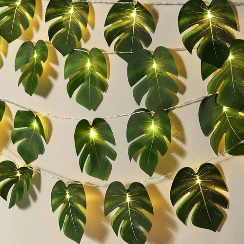 Vista 2 de RECUTMS 20LED Luces de Cadena de Hojas de Monstera, Hojas Artificiales de Palmera de Ratán Tropical, Enredadera Verde Colgante para Pared