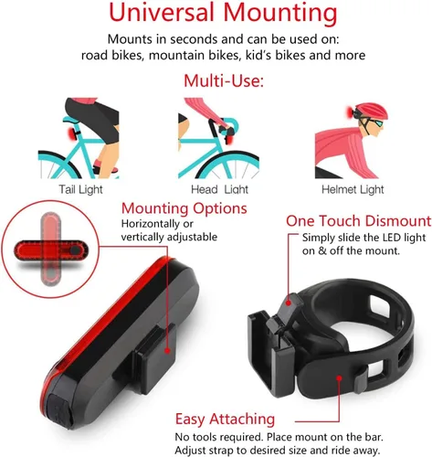 Vista 6 de Paquete de 2 luces traseras de bicicleta recargable, luz trasera roja para bicicleta de noche, luces traseras de bicicleta con gran duración