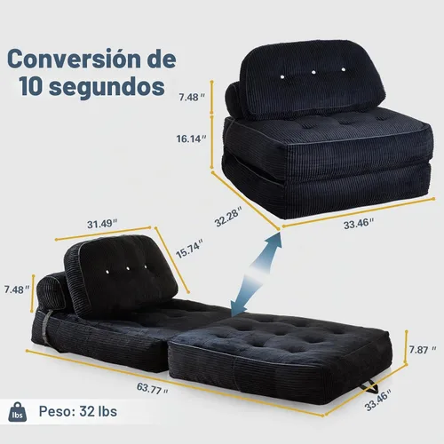 Vista 2 de Silla plegable, sofá convertible con respaldo y almohada, capacidad de carga de hasta 300 libras, plegable de 32 a 64 pulgadas, no requiere montaje