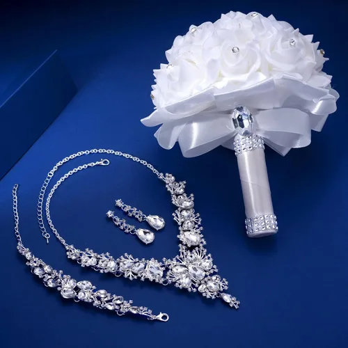 Vista 3 de Juego de joyas de boda de 34 piezas para mujeres y niñas, joyería de disfraz de noche brillante de cristal de diamantes de imitación para novia
