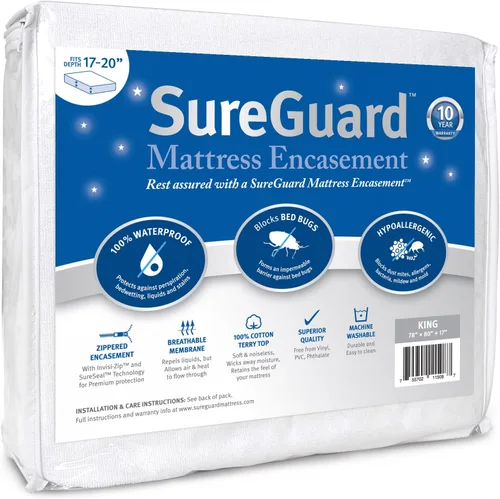 Vista 29 de Funda SureGuard Mattress Encasement de seis lados con cremallera, 100 % impermeable, hipoalergénica, Profunidad de 22.86 - 30.48 cm, Blanco, gemelo