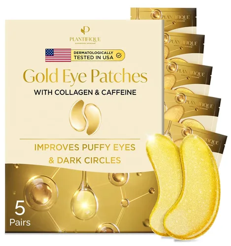 Vista 10 de PLANTIFIQUE Parches para debajo de los ojos de oro de 24 quilates, 20 pares, probados por dermatólogos, mascarillas hidratantes de colágeno