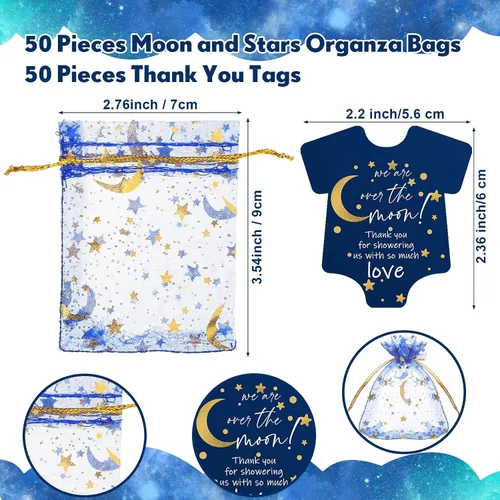 Vista 3 de Huquary 150 piezas de regalos de fiesta de baby shower, luna estrella, llaveros Twinkle Twinkle Little Star Baby Shower Favor, tarjetas