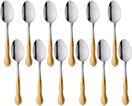 Vista 33 de Cucharas de sopa, cucharas redondas de acero inoxidable para caldo con borde de flor, juego de 12 piezas de acero inoxidable para café, azúcar
