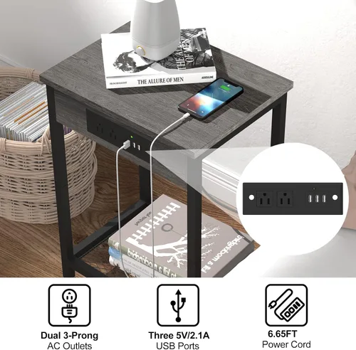 Vista 5 de Mesita de noche con estación de carga, mesa auxiliar para dormitorio con puertos USB y tomacorrientes, soporte moderno para tocadiscos, mesa