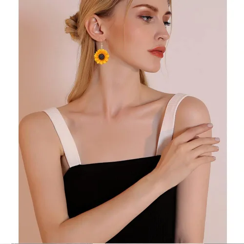 Vista 5 de ANXIN STORE - Colgante único de girasol 3D simple para mujeres y niñas, esmalte amarillo margarita girasol, aretes de personalidad, regalos