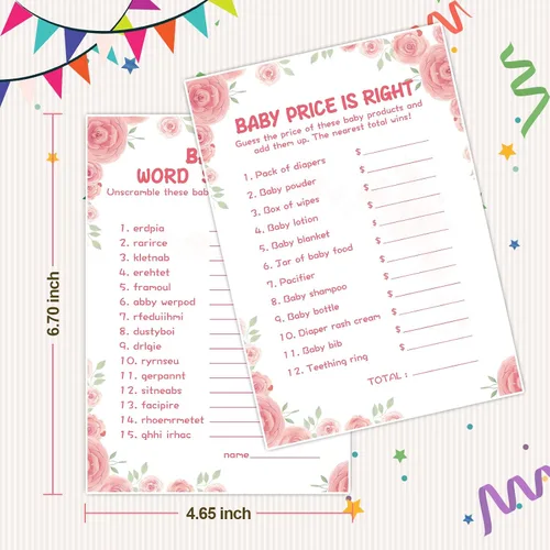 Vista 4 de OLOUTAB Juegos de Baby Shower para Niña - 2 Juegos (50 de Cada), Juego de Baby Shower Word Scramble y Price is Right, Doble Cara, Cartón Grueso