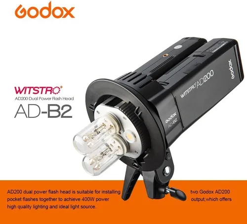 Vista 8 de Godox AD-B2 Dual Power Twin Head Bowens Mount para instalar 2 Godox AD200Pro II o AD200 Pro Pocket Flash o Flashpoint eVOLV 200 TTL Modular Strobe