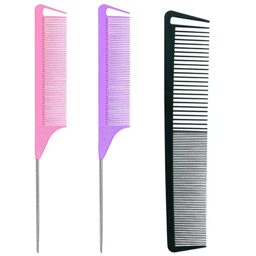 Vista 12 de Peine de cola de rata, 3 piezas de peines de separación para trenzas, peluquería, peinetas de fibra de carbono, peine de acero inoxidable