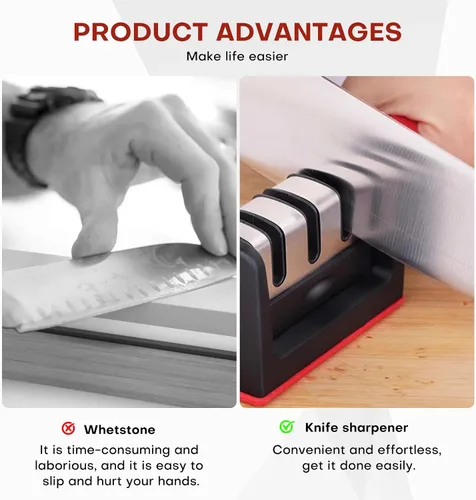 Vista 7 de Afilador de cuchillos de cocina, afilador manual de 3 etapas para cuchillos y tijeras, diseño ergonómico seguro, abrasivos inoxidables para cocinar