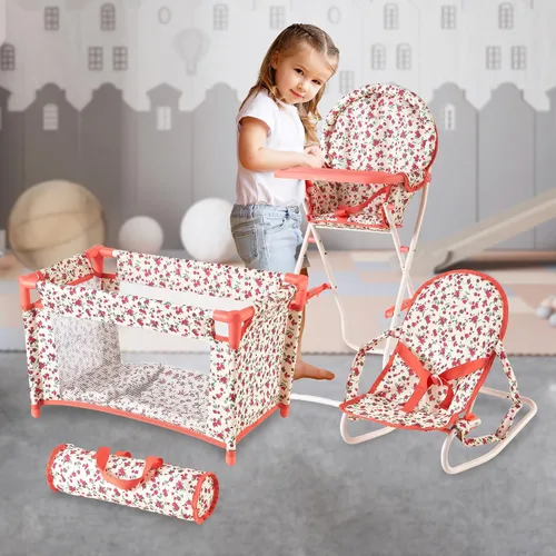 Vista 7 de Conjunto de accesorios para muñeca bebé floral, cuna para muñeca de 3-1, silla alta y asiento rebotador para muñeca. Accesorios para muñeca de 18