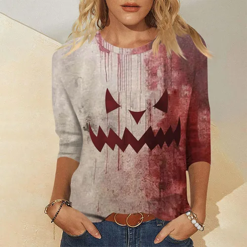 Vista 123 de Camisetas personalizadas para mujer, a la moda, casual, de séptima manga, estampada, cuello redondo, camiseta