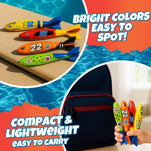 Vista 6 de 4 piezas Torpedo tiburón buceo juguetes para niños juguetes de agua al aire libre colorido juguete de natación hundimiento lanzar torpedo para niños