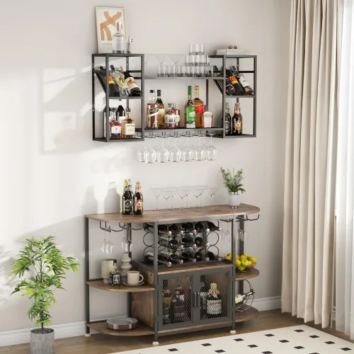 Vista 6 de KaKaBB Estante de vino montado en la pared, estantes de metal de 47 pulgadas de 2 niveles con soporte para vidrio, capacidad para 30 botellas y de 6