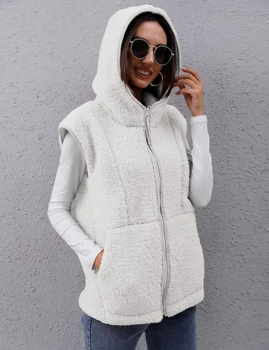 Vista 2 de TFSDOD Chaleco de forro polar sherpa mullido para mujer, acogedor, sin mangas, con bolsillo, chaleco con capucha para mujer, ropa exterior