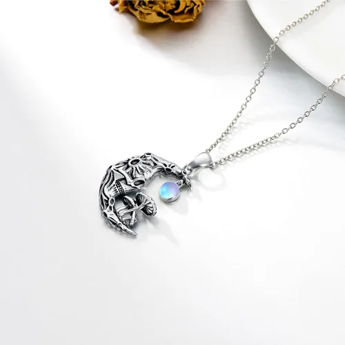 Vista 3 de SLIACETE Skull Pendant Necklace 925 Sterling Silver with BirthstonesSynthetic Moonstone100 Languages Stone Gothic Jewelry Halloween Gifts for Women