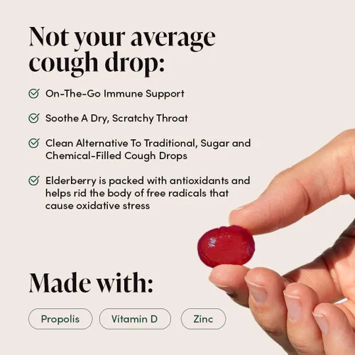 Vista 8 de Beekeeper's Naturals Pastillas Calmantes de Miel y Saúco para la Tos Apoyo Inmunológico con Vitamina D, Zinc y Propóleo Pastillas Calmantes