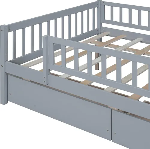 Vista 8 de Harper & Bright Designs Base de cama para niños de tamaño matrimonial con 2 cajones, sofá cama matrimonial de madera con valla, marco de cama