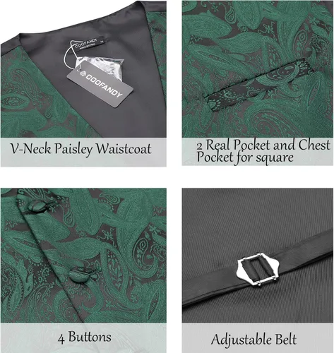 Vista 3 de COOFANDY Conjunto de 3 piezas de chaleco de cachemira para hombre, chaleco formal, chaleco esmoquin con bolsillo cuadrado
