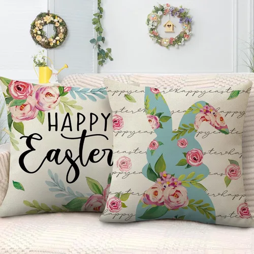 Vista 4 de Fahrendom Happy Easter Bunny - Juego de 4 fundas de almohada decorativas cristianas de 16 x 16 pulgadas, diseño de conejo religioso, cruz religiosa