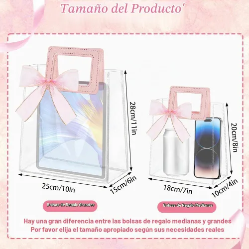 Vista 2 de 24 bolsas de regalo transparentes con asas, bolsa de regalo de PVC transparente con cinta, bolsas de compras de plástico reutilizables, bolsas de 24