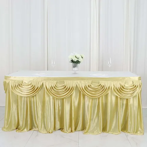 Vista 12 de Efavormart - Falda de mesa de satén beige para cocina, comedor, catering, boda, fiesta de cumpleaños, decoración de eventos, 14 pies