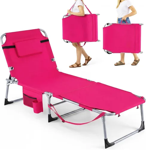 Vista 15 de Giantex Silla bronceadora, silla de playa de 330 libras con 5 posiciones ajustables, agujero para cara y brazo, correa para manos/hombros, almohada