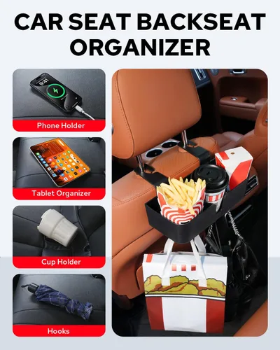 Vista 4 de Benlari Organizador de asiento trasero para reposacabezas de automóvil con portavasos de 3.7 pulgadas, organizador de respaldo de asiento 3 en 1