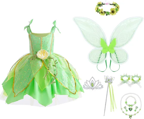 Vista 7 de Disfraz de hada de flores, conjunto de disfraz de princesa para niñas, Tinker Bell ropa para Halloween, disfraz de cosplay con ala, verde