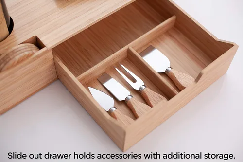 Vista 4 de Mobilevision Bandeja de bambú para servir vino y queso con cajón para almacenamiento adicional, incluye posavasos, cuchillos de queso, tablas