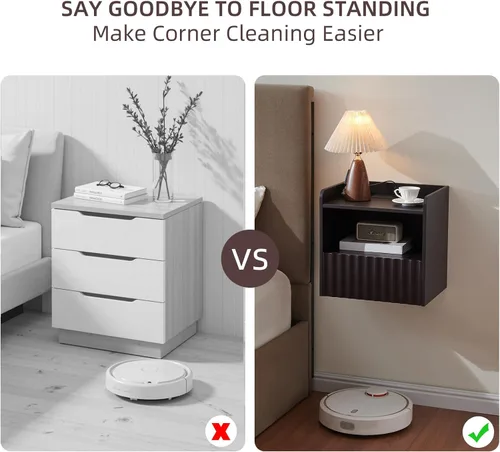 Vista 5 de BuildHom Moderna mesita de noche flotante acanalada montada en la pared, juego de 2 mesitas de noche con cajón de almacenamiento y estante