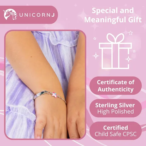 Vista 4 de UNICORNJ 925 Italy Sterling Silver Child or Baby Name Bracelet Girls Boys, Personalized Engraved Kids ID Bracelets, 6.5" Figaro Chain, Enamel Charm