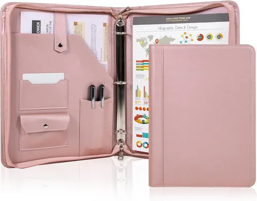 Vista 10 de Calfinder Carpeta de cuero vegano con 3 anillas, soporte para bloc de notas de cuero con cremallera, organizador de cartera de negocios, regalo