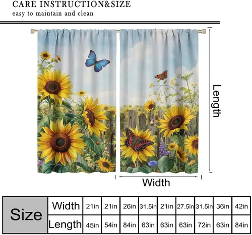 Vista 3 de Sunflower Curtains for Living Room Bedroom, Spring Nature Blue Sky and Butterfly Window Drapes, Rustic Wooden Fence Floral Botanical Decor, 2 Panels