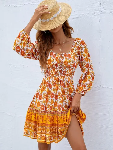 Vista 4 de FARORO Vestidos fruncidos para mujer manga farol bohemio floral volantes hombros descubiertos vestido corto acampanado