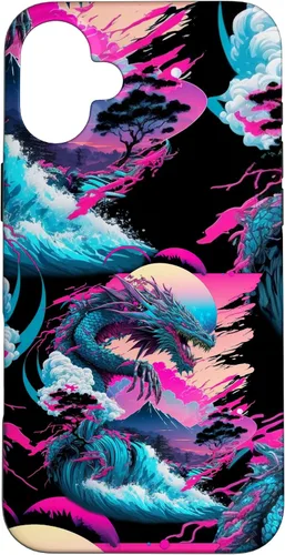 Vista 23 de Dragon Vaporwave Abstract Landscape Moon Tree Waterfall Case for iPhone 17