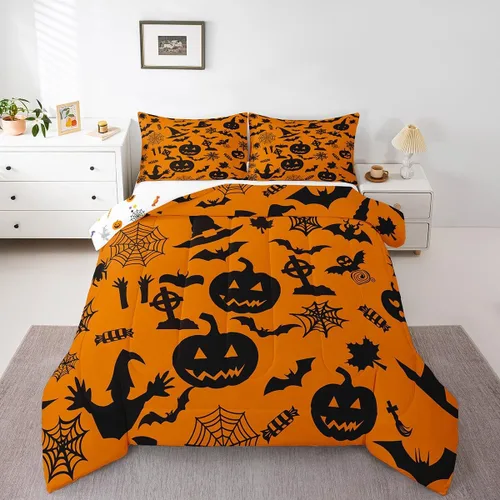 Vista 14 de Erosebridal Ropa de cama de Halloween para niños y niñas, juego de edredón espeluznante de dibujos animados, tamaño individual, relleno de edredón