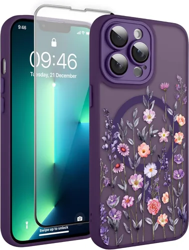 Vista 15 de Magnético para iPhone 13 con protector de pantalla [Compatible con MagSafe] Diseño de patrón floral de flores bonitas, funda delgada a prueba