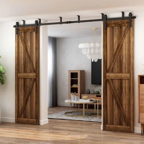 Vista 10 de CCJH Kit de herrajes para puerta corrediza de granero de 4 pies, sistema de soporte en forma de L de techo bajo para puerta de madera individual